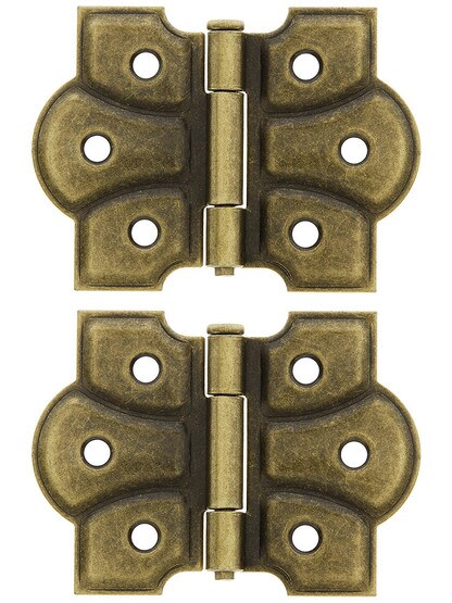 Pair of Small Craftsman Flush Mount Cabinet Hinges - 1 3/4 inch H x 2 3/8 inch W in Antique Brass